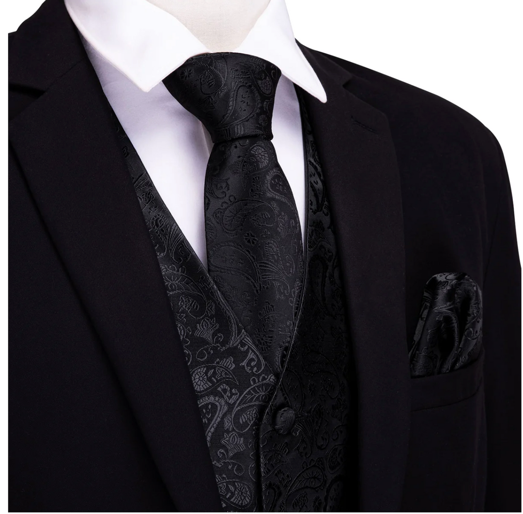 Men's  Deep Black Paisley Silk Vest Necktie Pocket square Cufflinks-MJ-2014