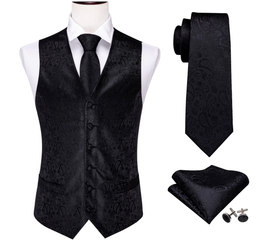 Men's  Deep Black Paisley Silk Vest Necktie Pocket square Cufflinks-MJ-2014