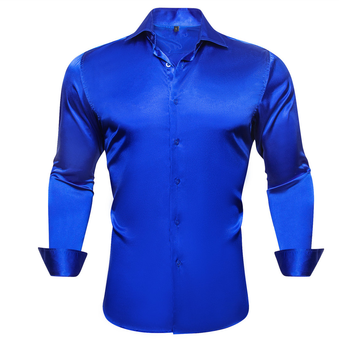 Klein Blue Solid Satin Silk Men's Long Sleeve Dress Shirt- CY-0539