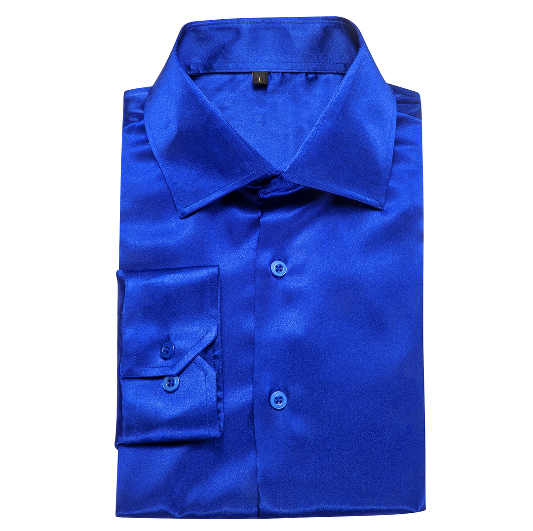 Klein Blue Solid Satin Silk Men's Long Sleeve Dress Shirt- CY-0539