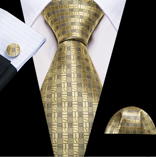 Golden Plaid Silk Men's Tie Pocket Square Cufflinks Set-N-6306