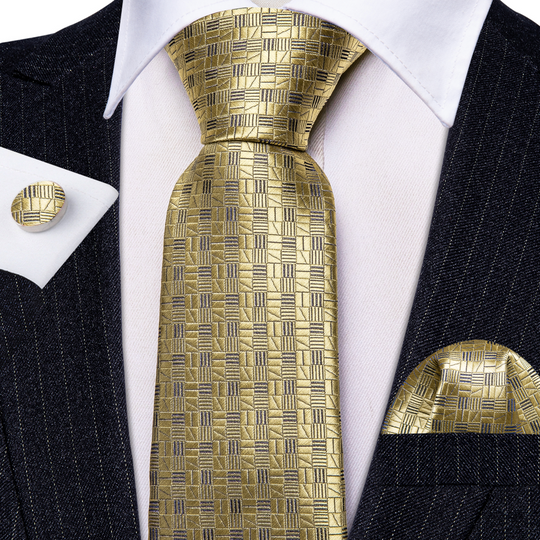 Golden Plaid Silk Men's Tie Pocket Square Cufflinks Set-N-6306