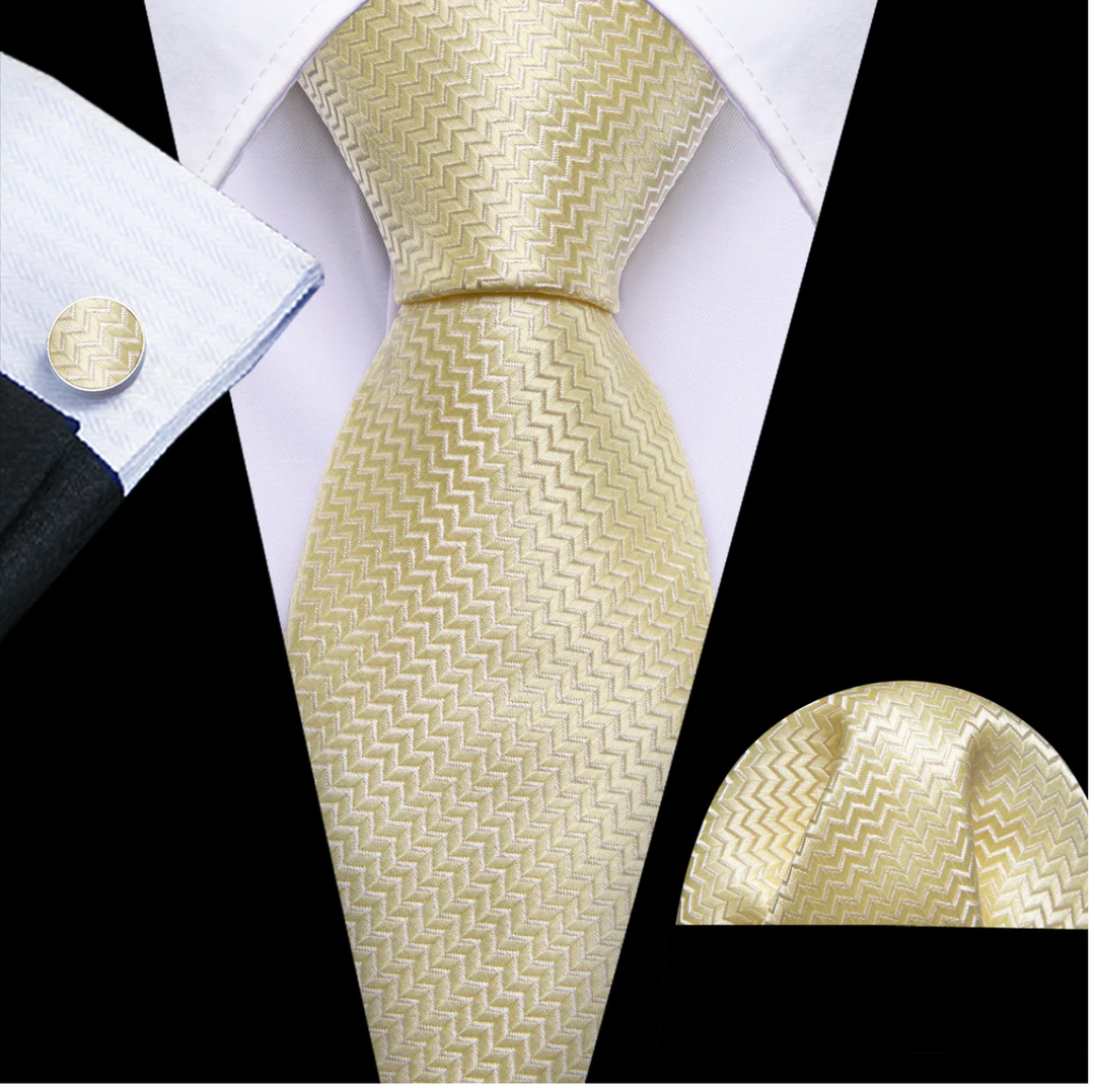Light Yellow Ripple Silk 63 Inches Extra Long Tie Hanky Cufflinks Set- N-9558