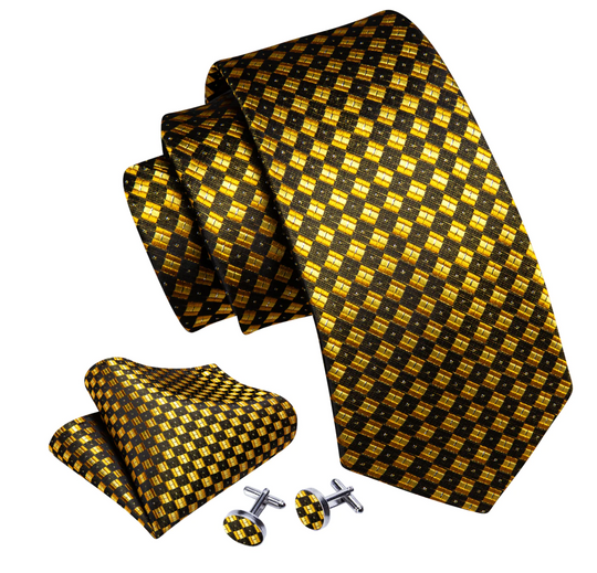 Novetly Yellow Black Plaid Silk Tie Handkerchief Cufflinks Set- N-6140