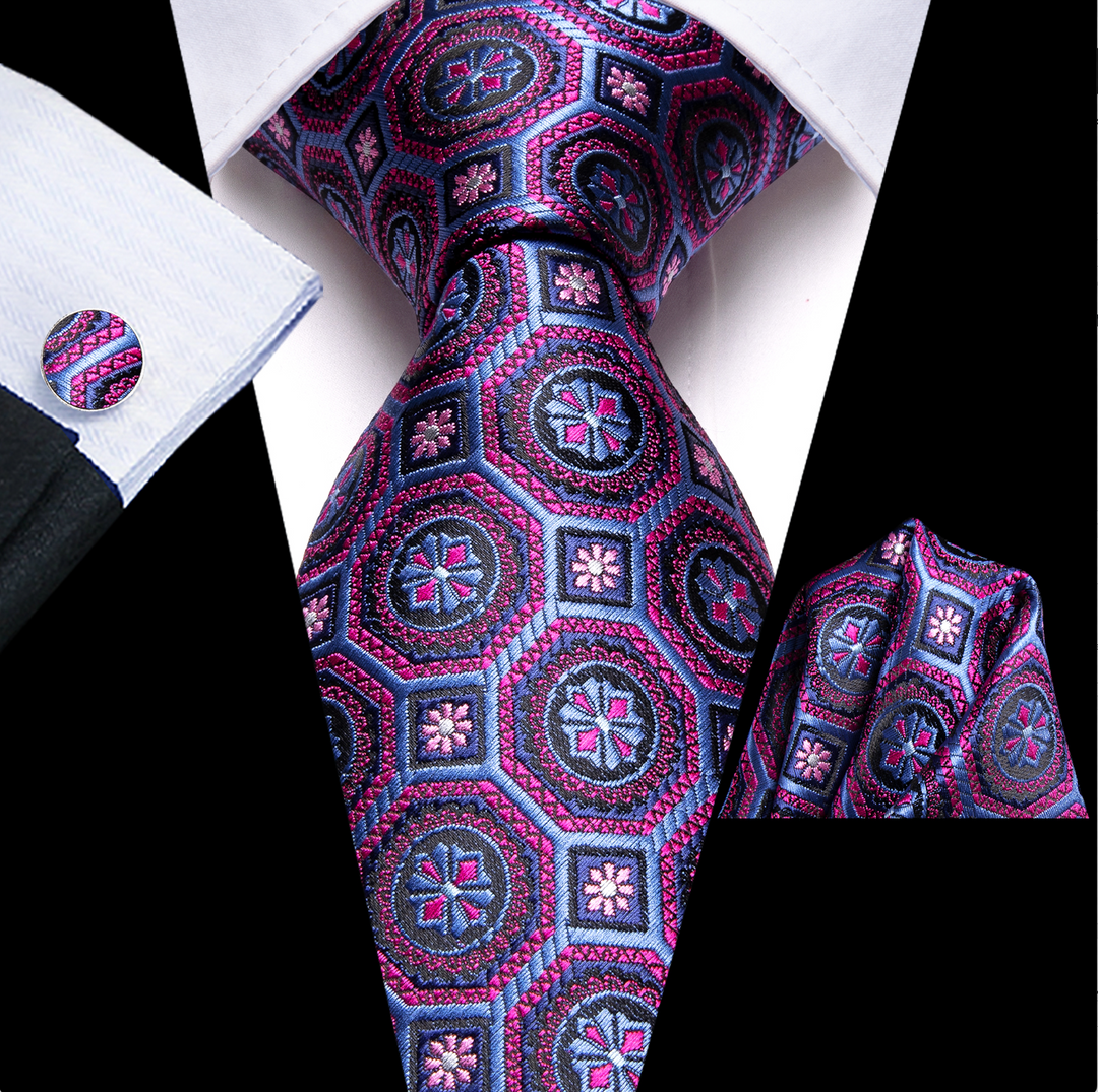 Purple  Blue Plaid Silk Tie Handkerchief Cufflinks Set-N-3438