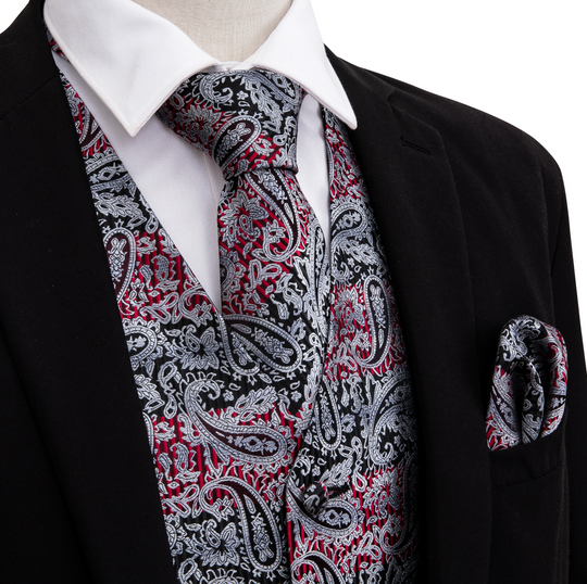 Grey Red Paisley Silk Men's Vest Hanky Cufflinks Tie Set Waistcoat Suit Set- MJ-2005