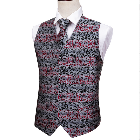 Grey Red Paisley Silk Men's Vest Hanky Cufflinks Tie Set Waistcoat Suit Set- MJ-2005