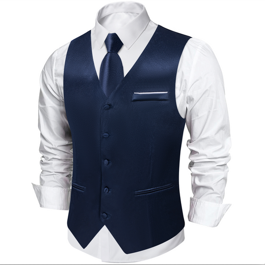 Dark Blue Solid Satin Waistcoat Vest Tie Handkerchief Cufflinks Set-MJ-0638