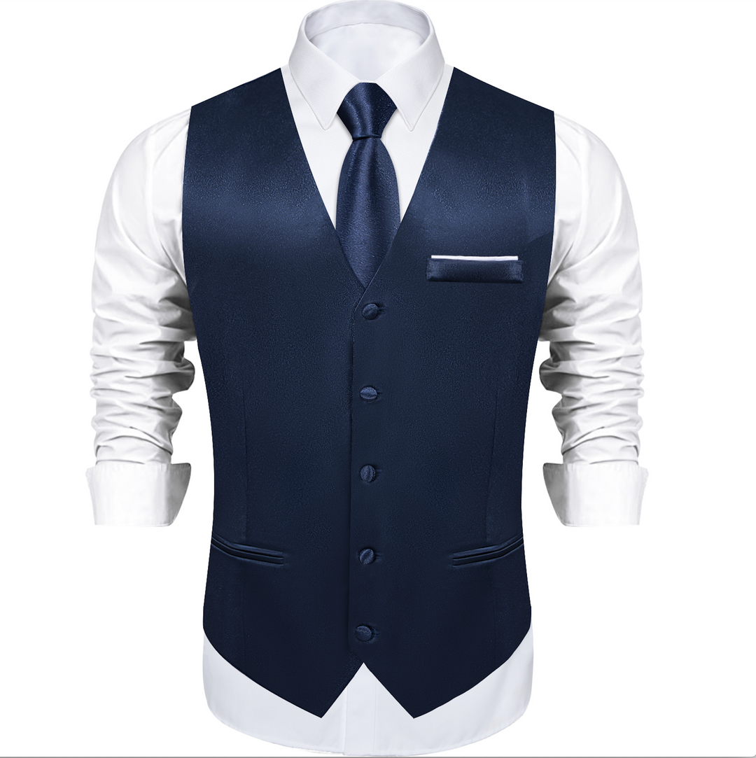 Dark Blue Solid Satin Waistcoat Vest Tie Handkerchief Cufflinks Set-MJ-0638