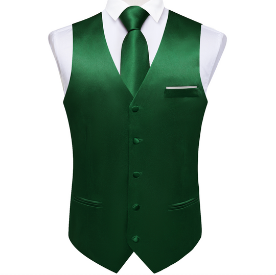 Green Solid Satin Waistcoat Vest Tie Handkerchief Cufflinks Set- MJ-0639