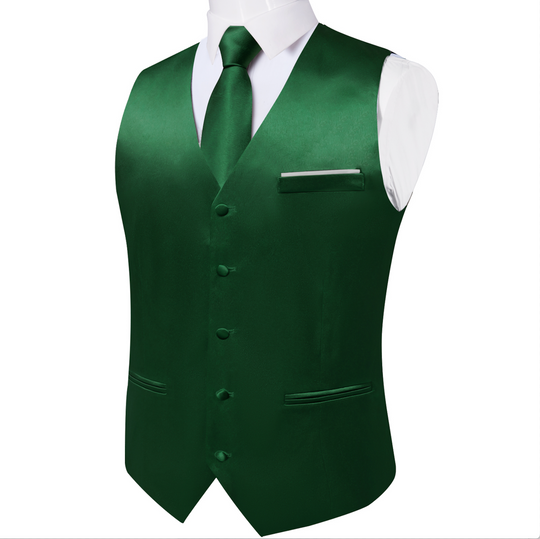 Green Solid Satin Waistcoat Vest Tie Handkerchief Cufflinks Set- MJ-0639