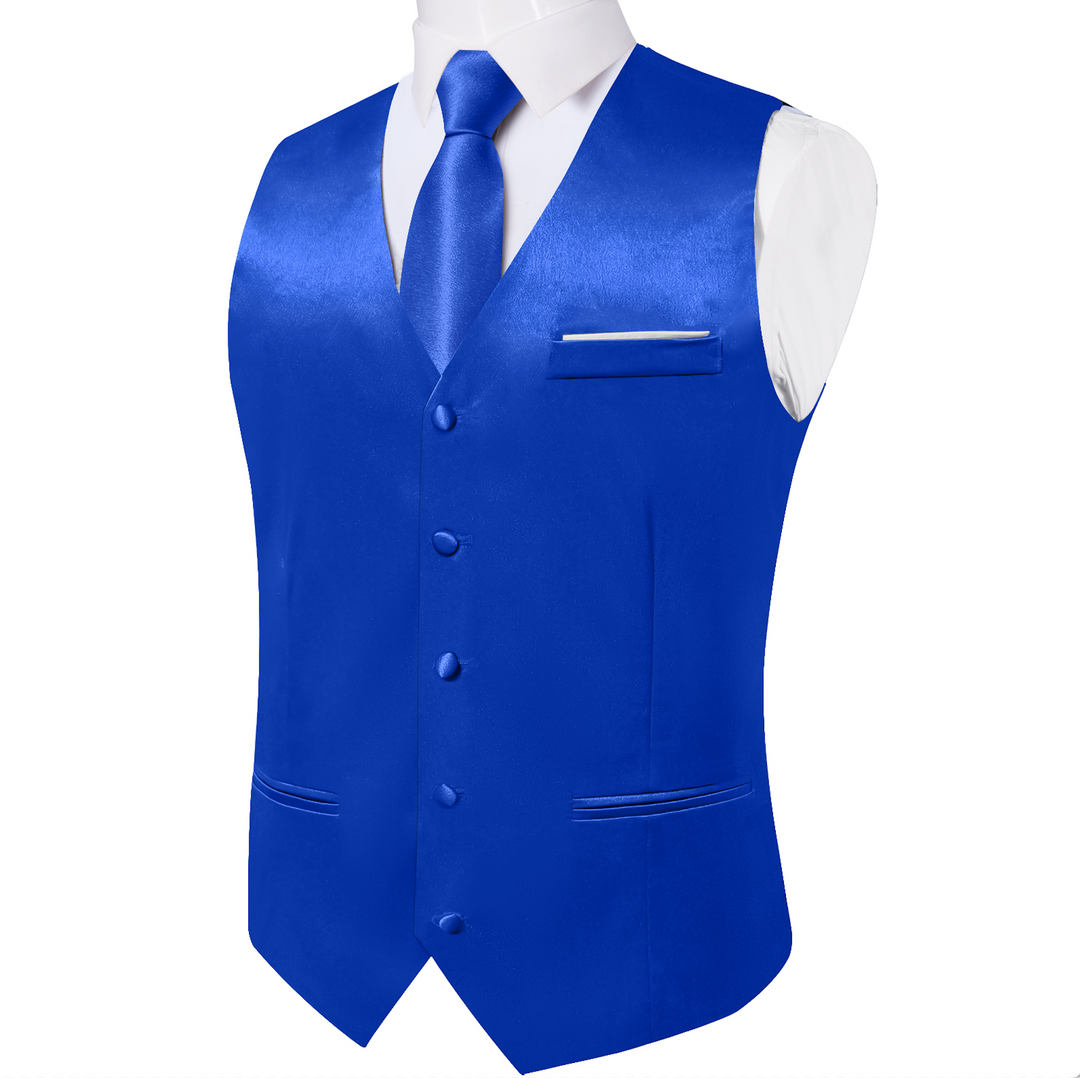 Blue Solid Satin Waistcoat Vest Tie Handkerchief Cufflinks Set- MJ-0642
