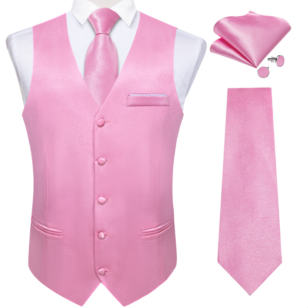 Pink Solid Satin Waistcoat Vest Tie Handkerchief Cufflinks Set-MJ-0643