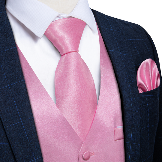 Pink Solid Satin Waistcoat Vest Tie Handkerchief Cufflinks Set-MJ-0643
