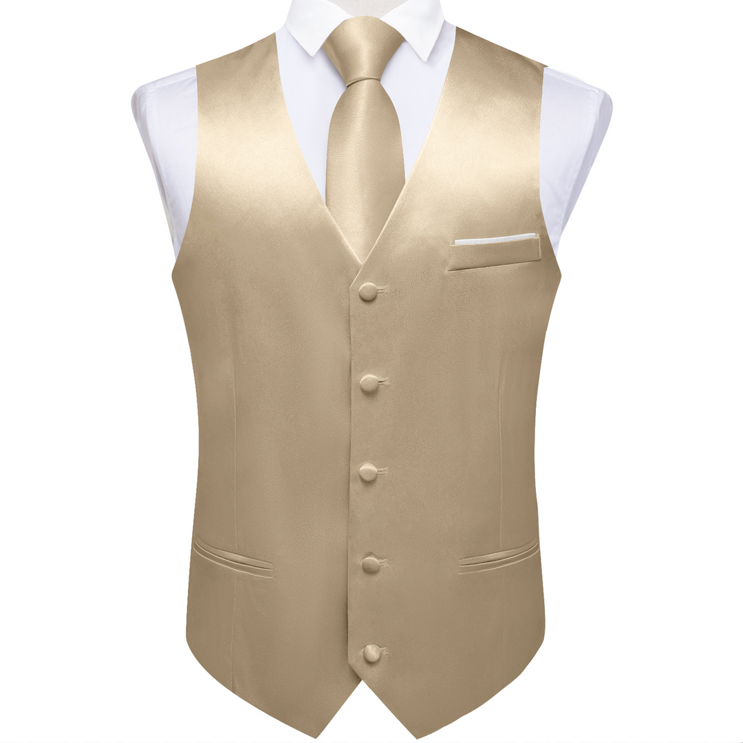Champagne Solid Satin Waistcoat Vest Tie Handkerchief Cufflinks Set- MJ-0652