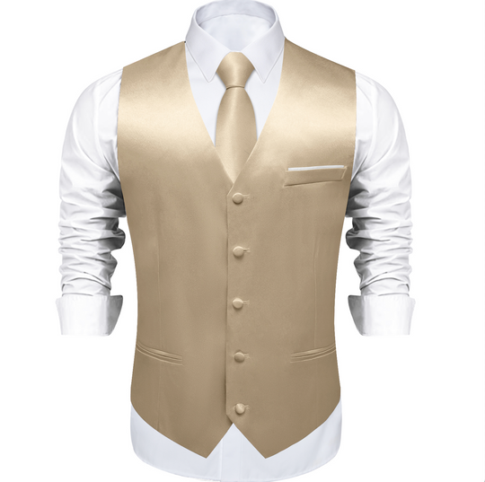 Champagne Solid Satin Waistcoat Vest Tie Handkerchief Cufflinks Set- MJ-0652