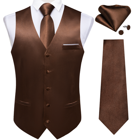 Brown Solid Satin Waistcoat Vest Tie Handkerchief Cufflinks Set- MJ-0653