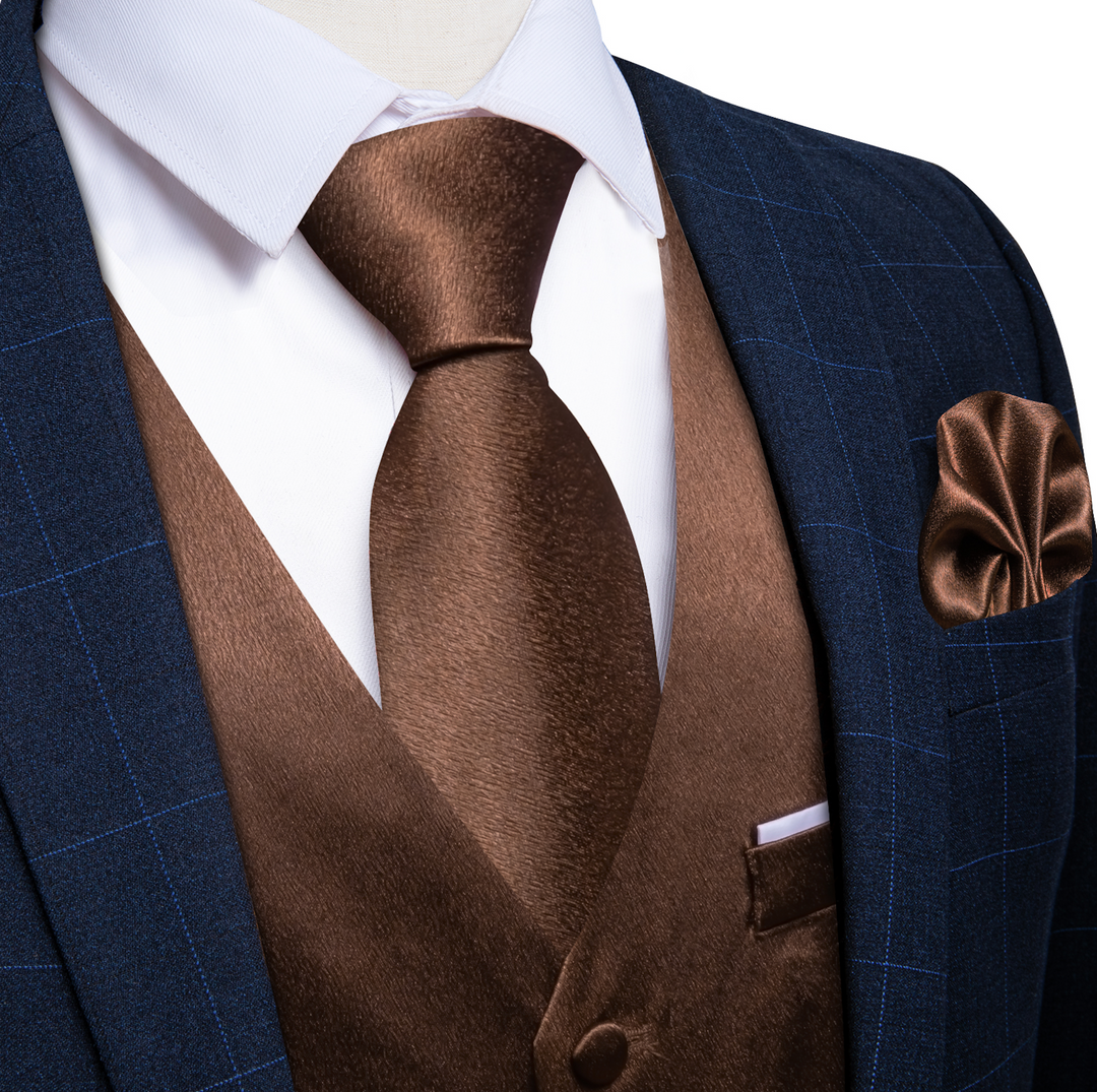 Brown Solid Satin Waistcoat Vest Tie Handkerchief Cufflinks Set- MJ-0653