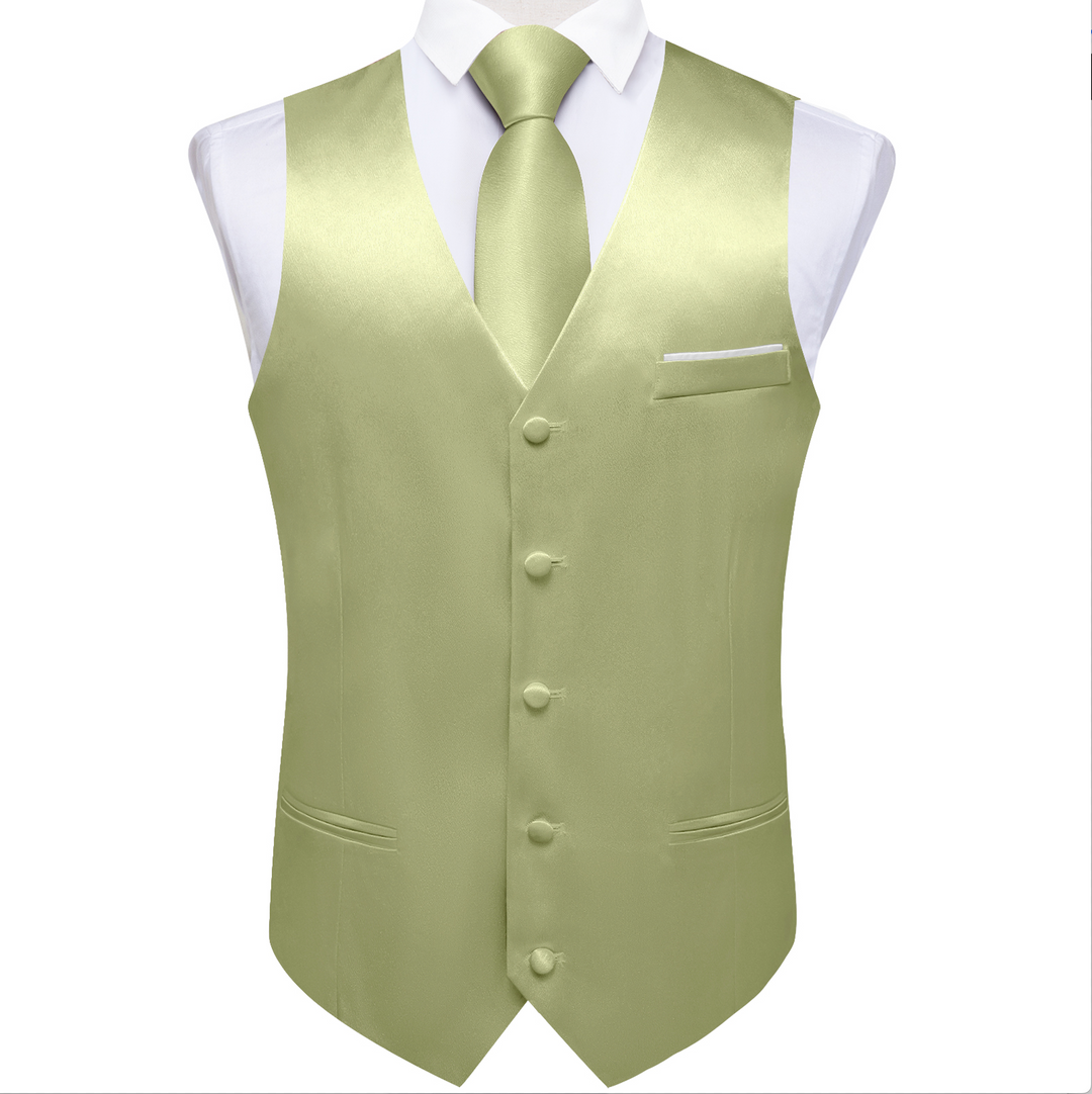 Mint Green Solid Satin Waistcoat Vest Tie Handkerchief Cufflinks Set- MJ-0654
