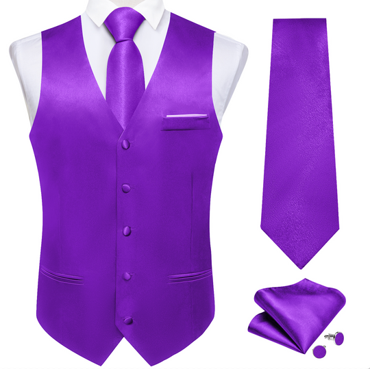 Deep Purple Solid Satin Waistcoat Vest Tie Handkerchief Cufflinks Set- MJ-0647