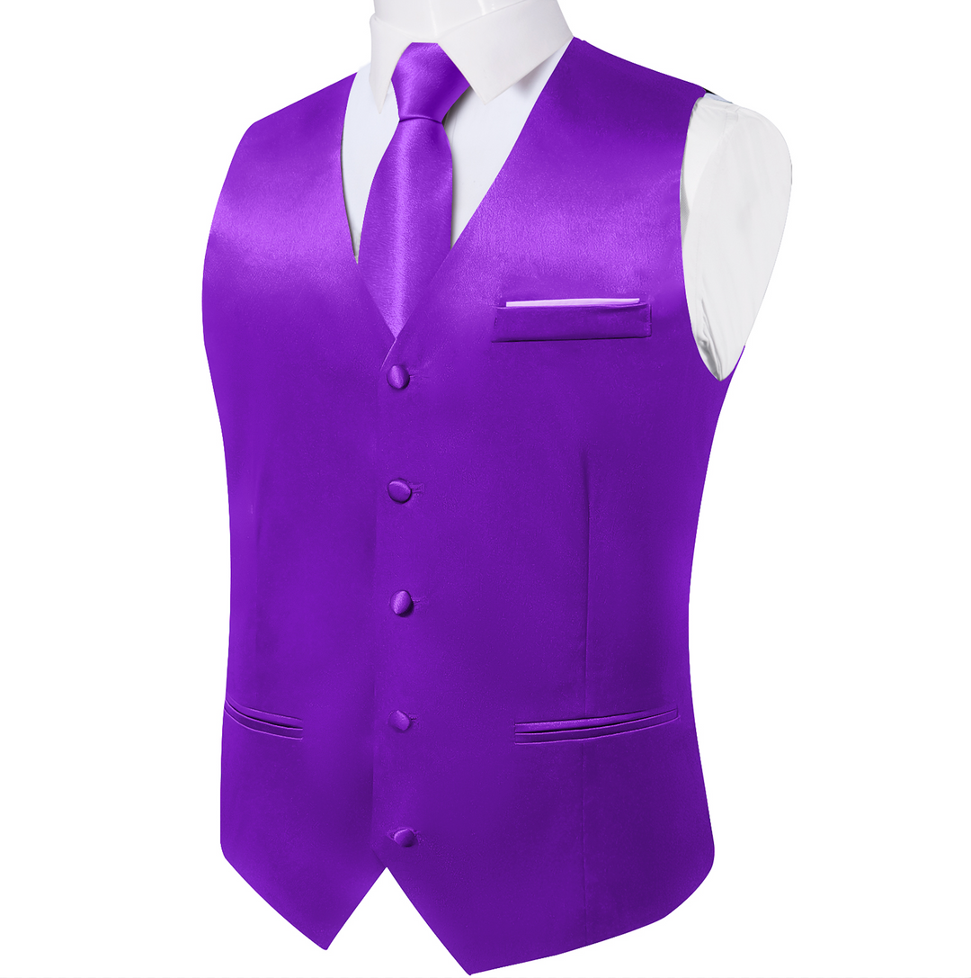 Deep Purple Solid Satin Waistcoat Vest Tie Handkerchief Cufflinks Set- MJ-0647