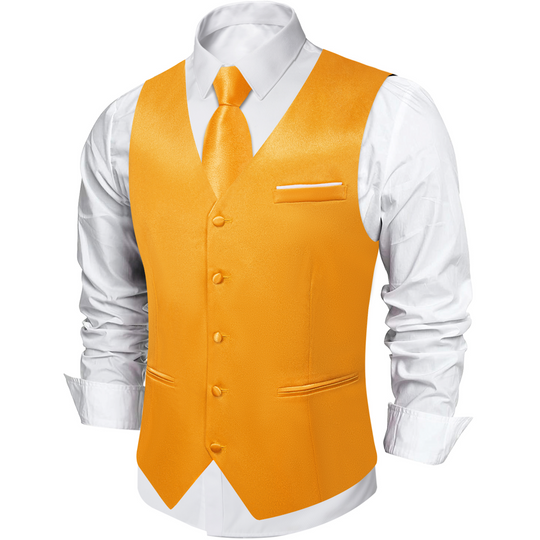 Orange Solid Satin Waistcoat Vest Tie Handkerchief Cufflinks Set-MJ-0649