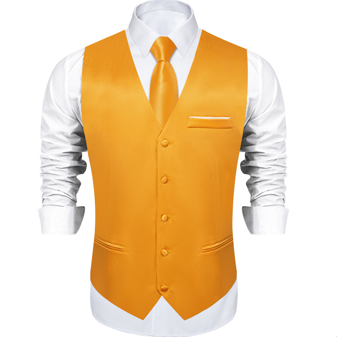 Orange Solid Satin Waistcoat Vest Tie Handkerchief Cufflinks Set-MJ-0649