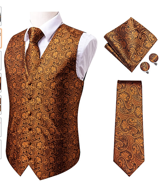 Brown and Black Paisley Waistcoat and Necktie Pocket Square Cufflink Vest  Set-MJ-0019