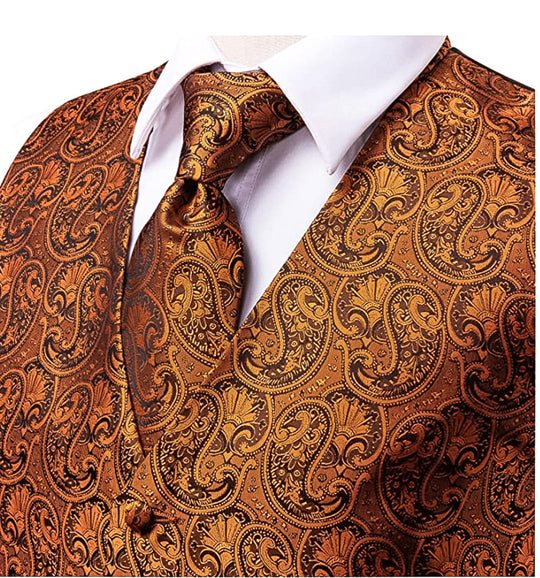 Brown and Black Paisley Waistcoat and Necktie Pocket Square Cufflink Vest  Set-MJ-0019