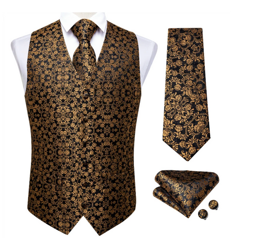 Black Gold Floral Paisley Waistcoat and Necktie Pocket Square Cufflink Vest Set-MJ-0126