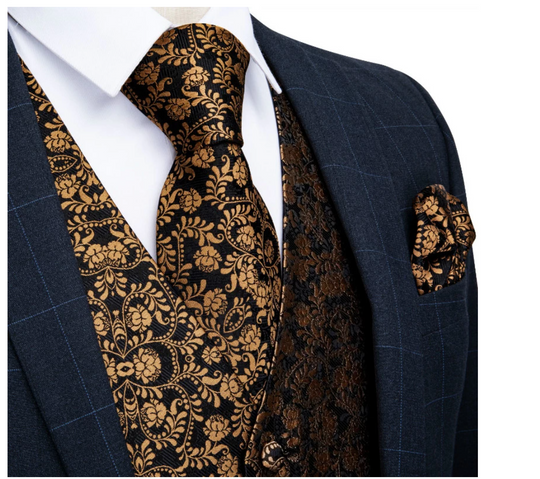 Black Gold Floral Paisley Waistcoat and Necktie Pocket Square Cufflink Vest Set-MJ-0126