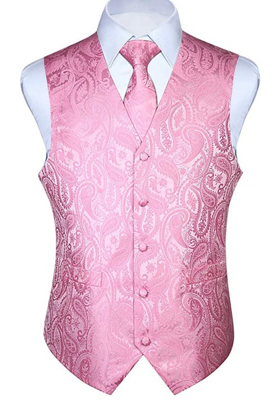 Pink Paisley Jacquard Silk Men's 4pc Waistcoat Vest Necktie Pocket Square Cufflinks Set- MJ-0026