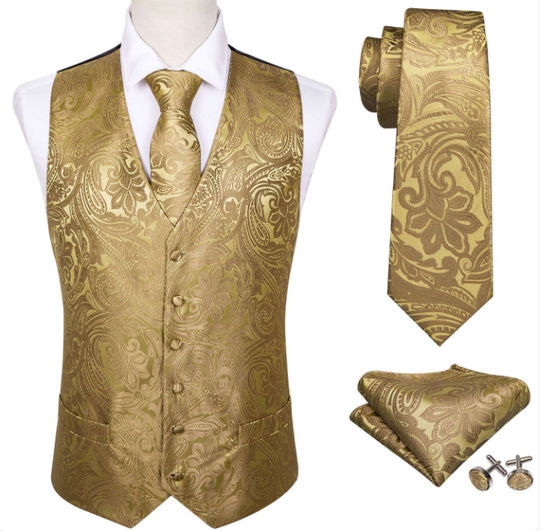 Golden Floral Men's 4PC Waistcoat Vest Necktie Pocket Square Cufflinks- MJ-2017