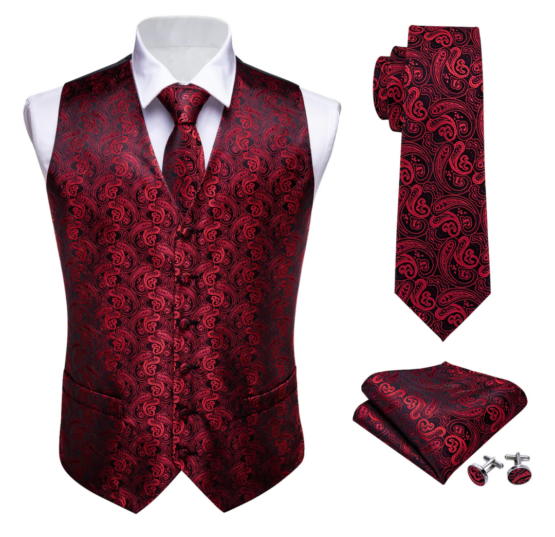 Men's Red Floral Silk Vest Necktie Pocket square Cufflinks- MJ2081
