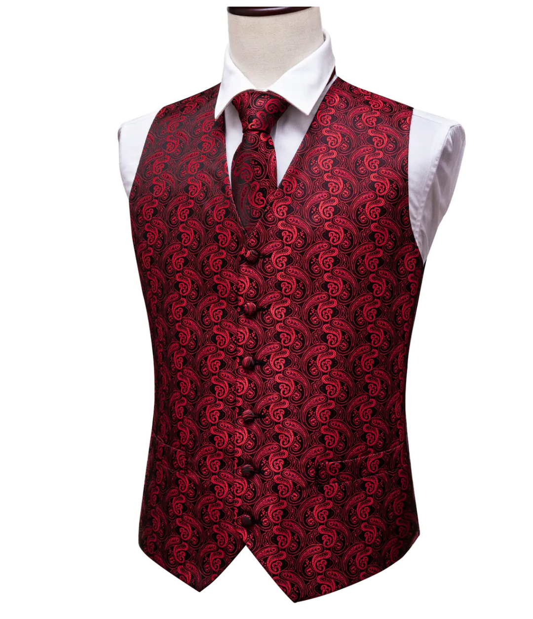 Men's Red Floral Silk Vest Necktie Pocket square Cufflinks- MJ2081