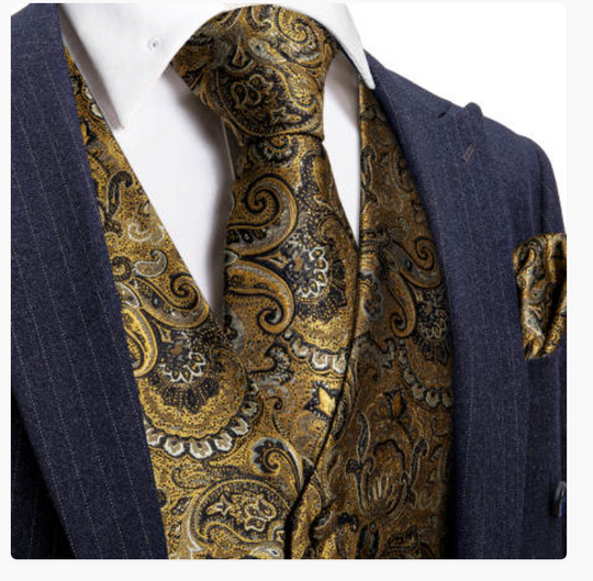 Men's Golden Paisley Silk Vest Necktie Pocket square Cufflinks- MJ-2082