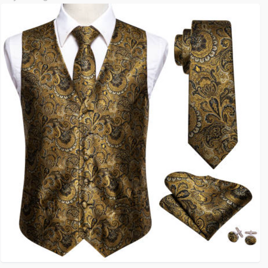 Men's Golden Paisley Silk Vest Necktie Pocket square Cufflinks- MJ-2082