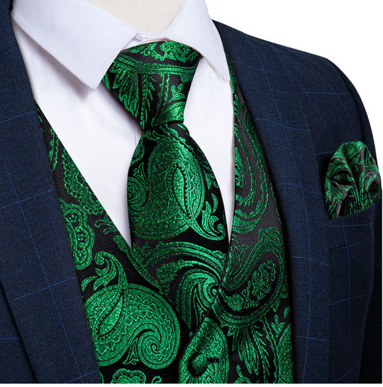 Simon Von Green Paisley Jacquard Silk Waistcoat  Vest Handkerchief Cufflinks  Tie  Set- MJ0149