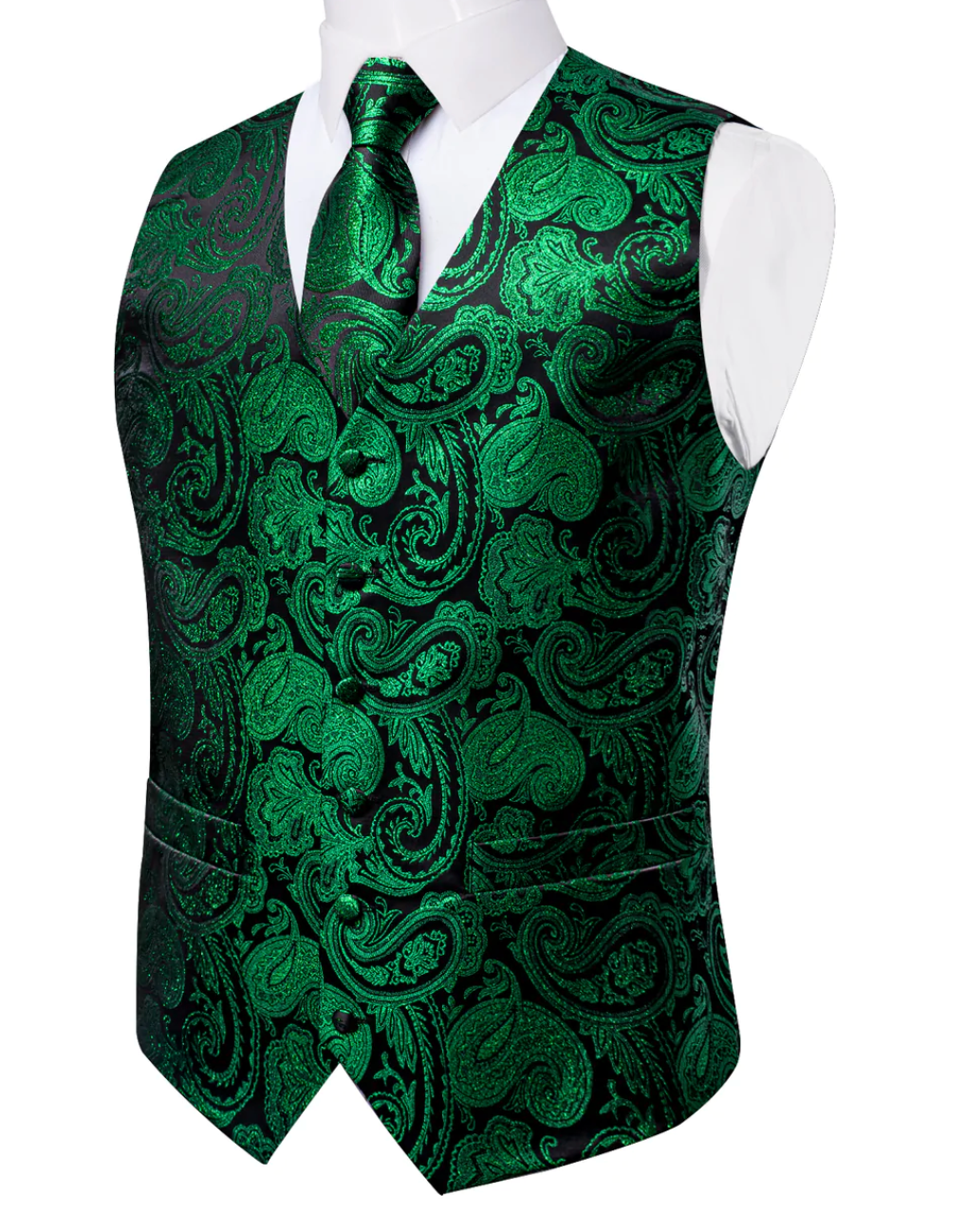 Simon Von Green Paisley Jacquard Silk Waistcoat  Vest Handkerchief Cufflinks  Tie  Set- MJ0149