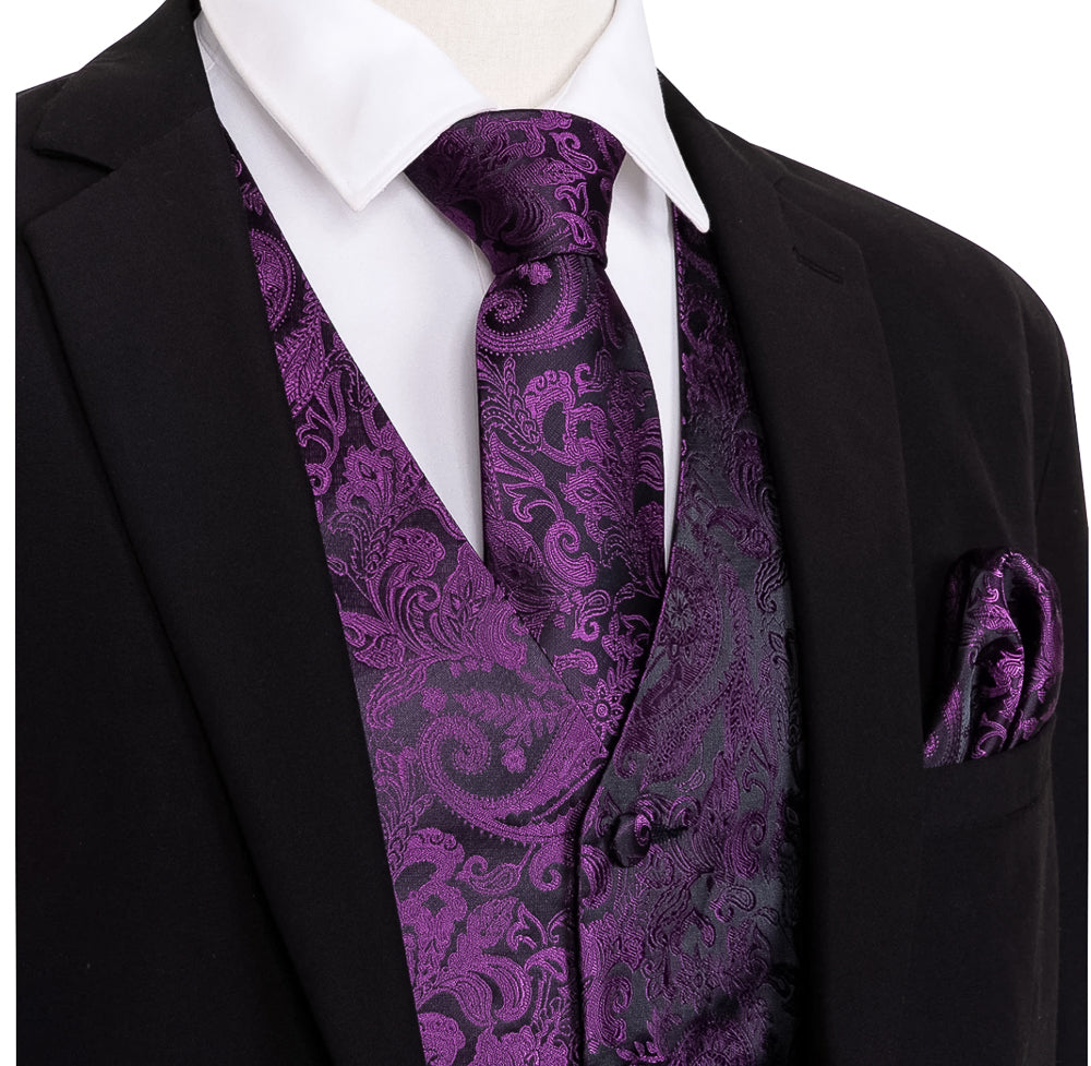 Black and Purple Silk 4pc Waistcoat Vest Necktie Pocket Square Cufflinks Set For Suit