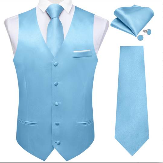 Sky Blue Solid Satin Waistcoat Vest Tie Handkerchief Cufflinks Set- MJ-0644