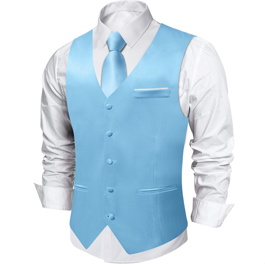 Sky Blue Solid Satin Waistcoat Vest Tie Handkerchief Cufflinks Set- MJ-0644