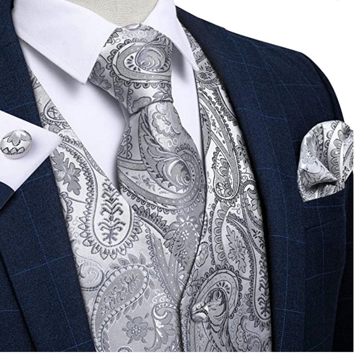 Men's Indian Ethnic Silver Paisley Silky Outerwear Vest main image 1