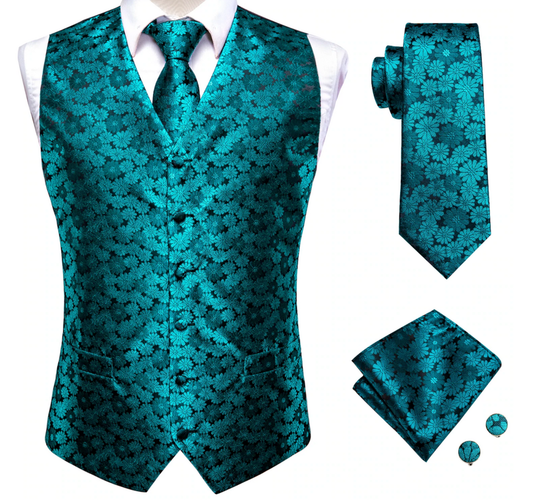 Blue Green Floral Silk Men's Vest Hanky Cufflinks Tie Set Waistcoat Se ...