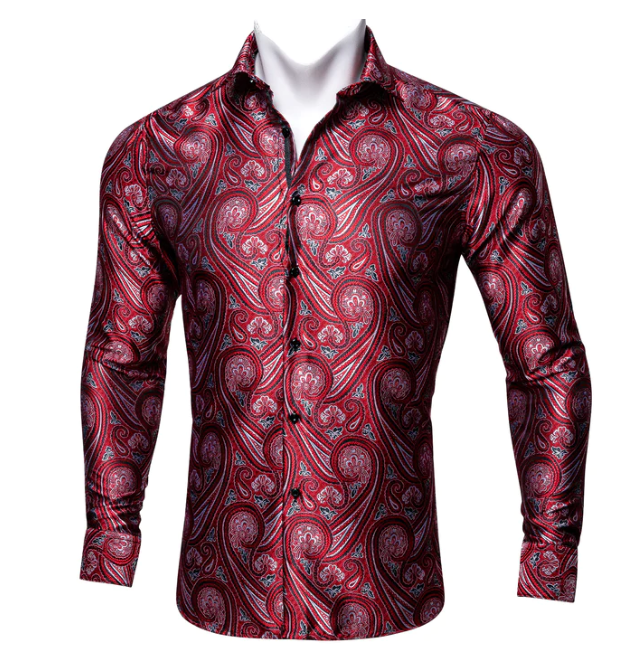 Simon Von New Fashionable Red Paisley Silk Men's Shirt -CY-0034 ...