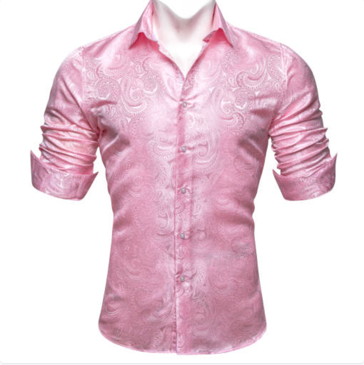 New Pink Paisley Silk Men's Long Sleeve Shirt Casual- CY-0611