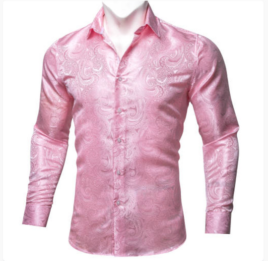 New Pink Paisley Silk Men's Long Sleeve Shirt Casual- CY-0611